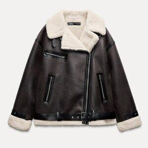 Zara Brown Vegan Leather & Shearling Coat